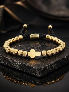Gold Beaded Cross Bracelet